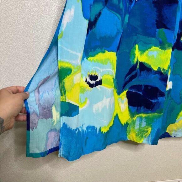 Natori MuuMuu Dress Medium Blue Tropical Maxi Long Double Slit Sleeveless Caftan - Picture 5 of 8